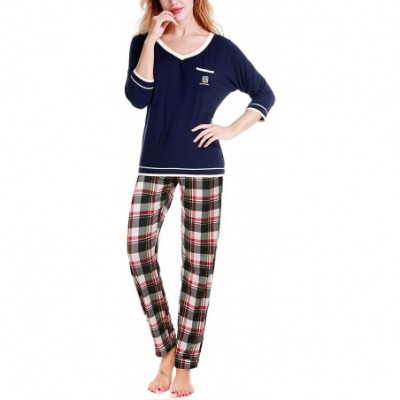 Sets Women's V-Neck Knit Sleepwear 3/4 Sleeves Top with Pants Soft Pajama Set - V-red Plaid - CS18M4HZYND