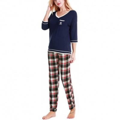 Sets Women's V-Neck Knit Sleepwear 3/4 Sleeves Top with Pants Soft Pajama Set - V-red Plaid - CS18M4HZYND