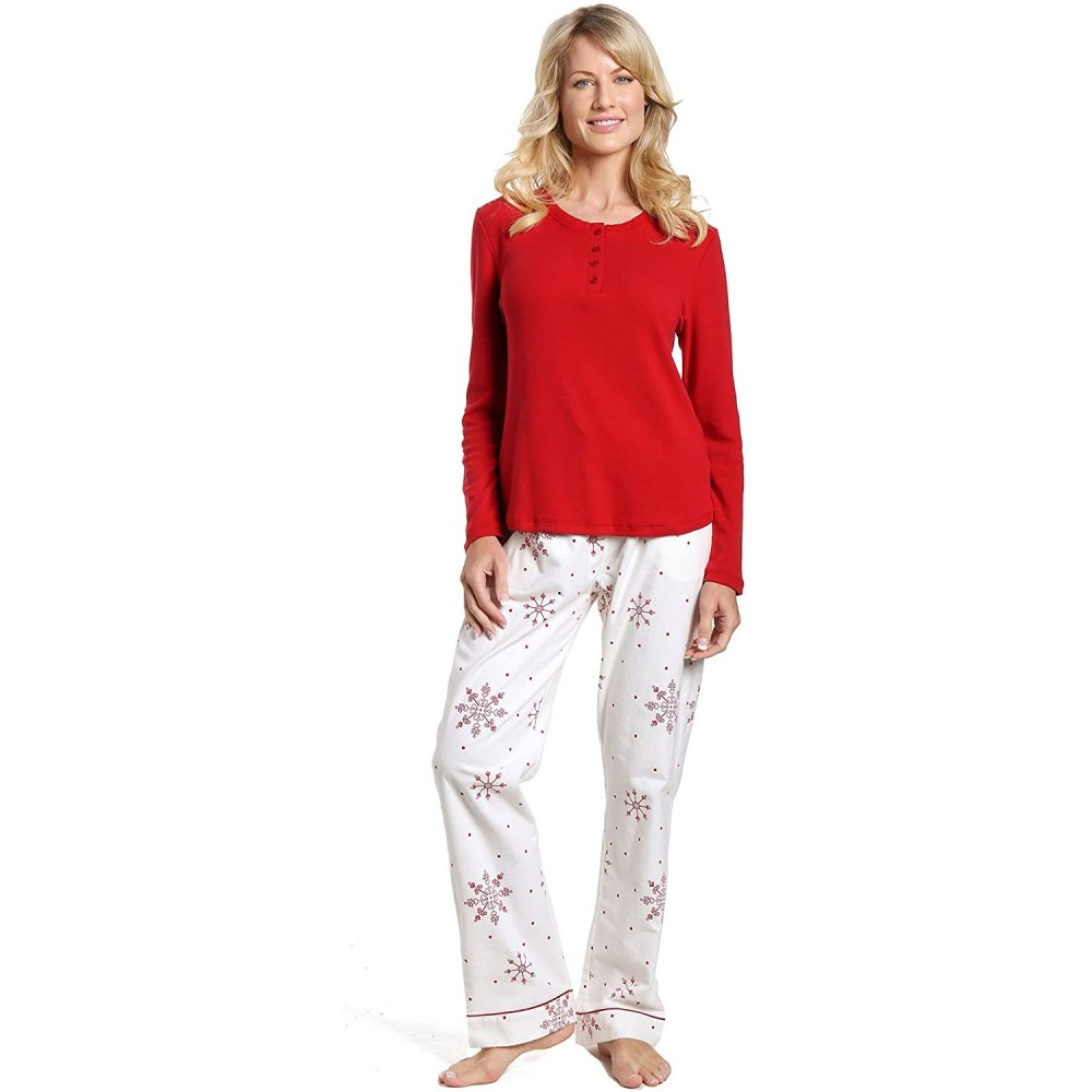 Sets Twin Boat Cotton Flannel Pajamas Women 2Pc Pajama Set- Warm Pajamas for Women - Lovely Snowflakes White-red - C5184W707NH