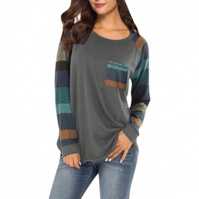 Accessories Women's Striped T-Shirt Casual Stitching Multi-Color Pocket Loose Shirt Sweatshirt Shirt - Dark Gray - CI18NR9W2X6