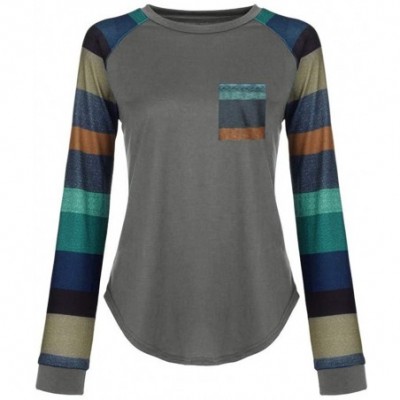 Accessories Women's Striped T-Shirt Casual Stitching Multi-Color Pocket Loose Shirt Sweatshirt Shirt - Dark Gray - CI18NR9W2X6