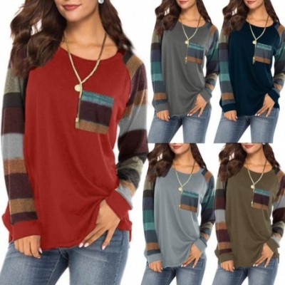 Accessories Women's Striped T-Shirt Casual Stitching Multi-Color Pocket Loose Shirt Sweatshirt Shirt - Dark Gray - CI18NR9W2X6