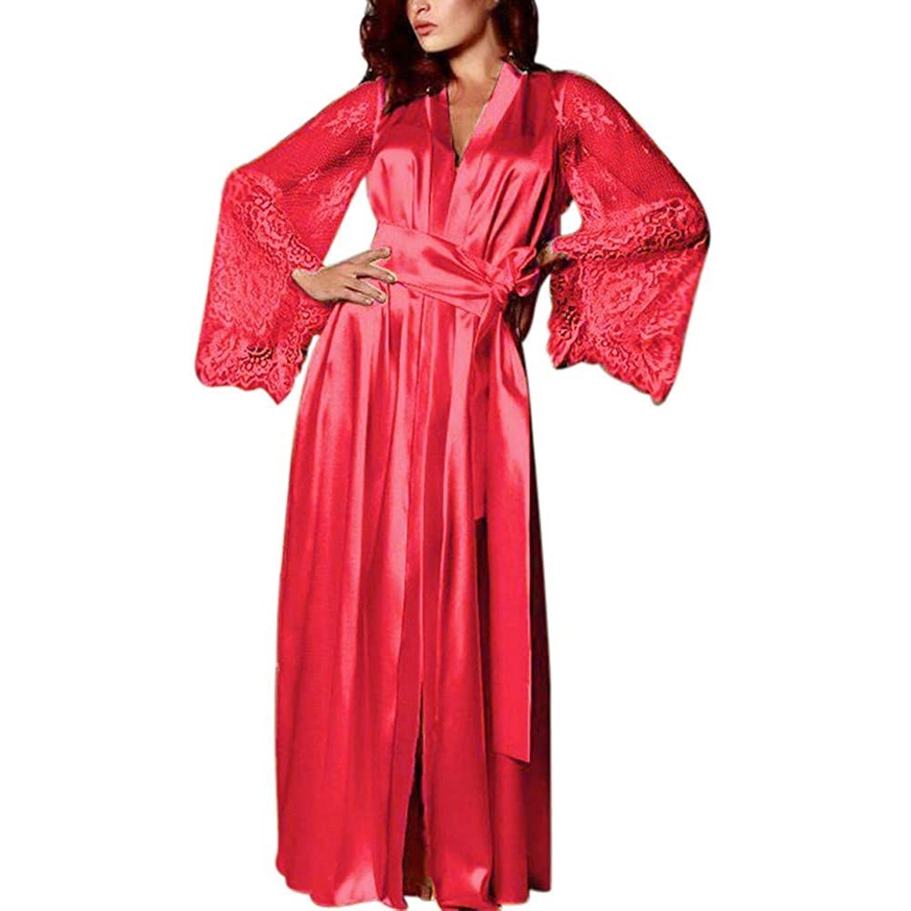 Robes Satin Kimono Robe Long Bridesmaid Wedding Bath Robe with Floral Lace Trim Long Sleeve - Red - CE18O3Y0CRU