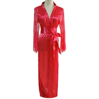 Robes Satin Kimono Robe Long Bridesmaid Wedding Bath Robe with Floral Lace Trim Long Sleeve - Red - CE18O3Y0CRU