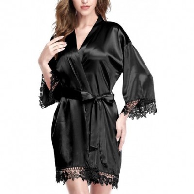 Robes Satin Kimono Short Robes for Women Casual V Neck 3/4 Sleeve Nightgown Sleepwear Slip Silk Lace Trim Pajama Black - CQ19...