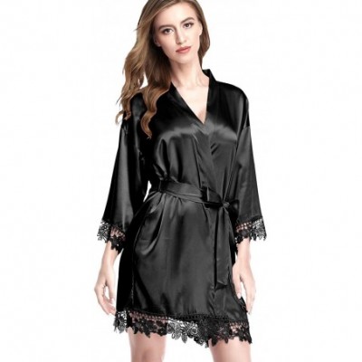 Robes Satin Kimono Short Robes for Women Casual V Neck 3/4 Sleeve Nightgown Sleepwear Slip Silk Lace Trim Pajama Black - CQ19...