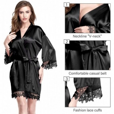 Robes Satin Kimono Short Robes for Women Casual V Neck 3/4 Sleeve Nightgown Sleepwear Slip Silk Lace Trim Pajama Black - CQ19...