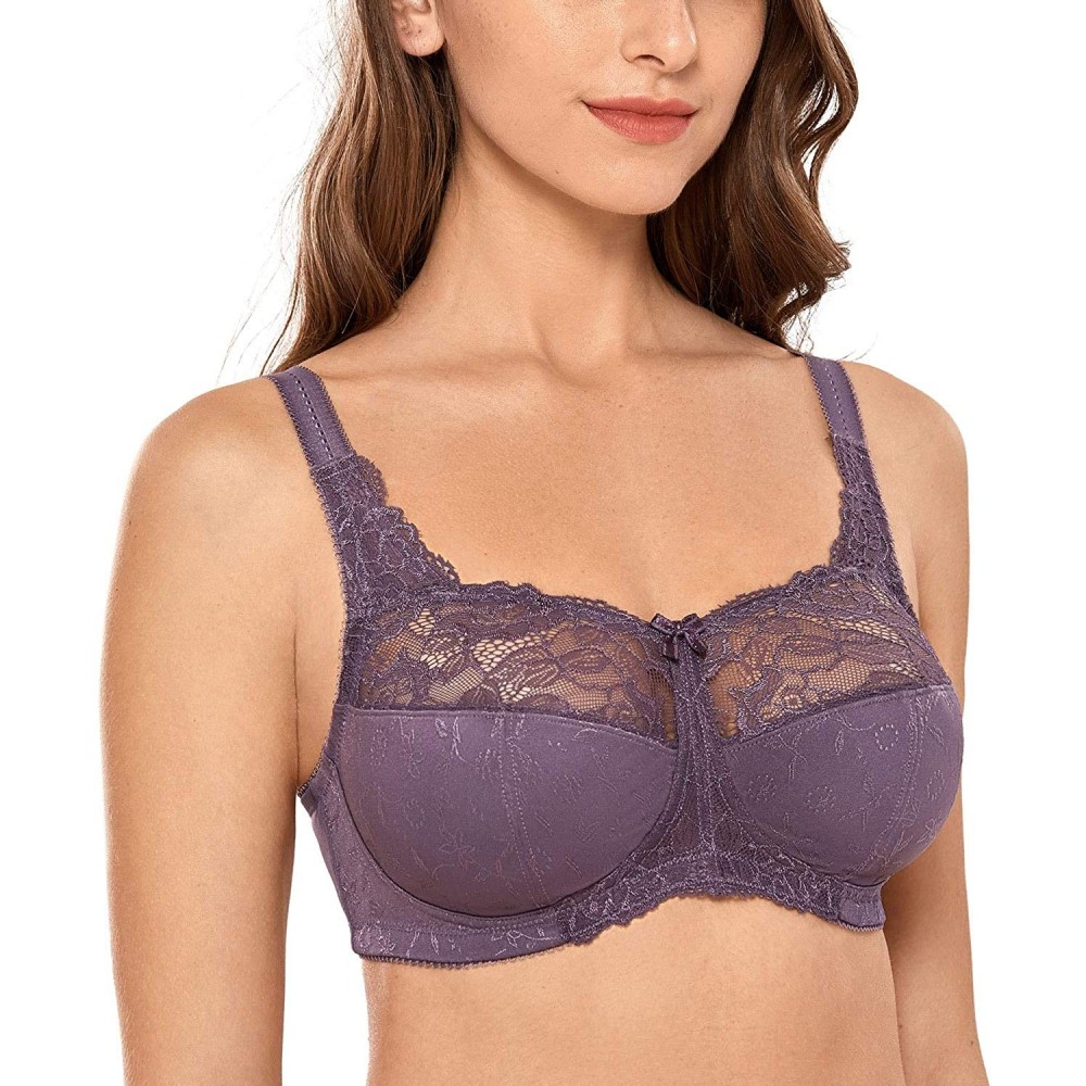 Bras Women's Lace Plus Size Bras Unlined Full Coverage Wireless Bra - Black Violet - C618YSM2LZG