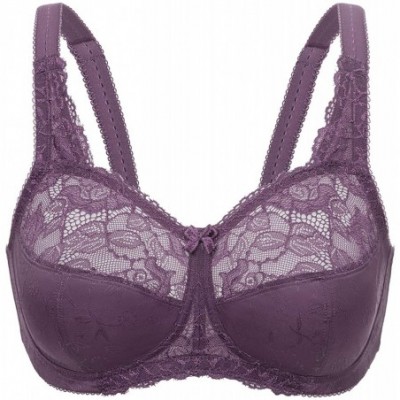 Bras Women's Lace Plus Size Bras Unlined Full Coverage Wireless Bra - Black Violet - C618YSM2LZG