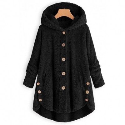 Tops Fleece Button Jacket Fluffy Hooded Coat Sherpa Shearling Sweatshirt Solid Warm Winter Oversized Outwear - Black - CD1925...