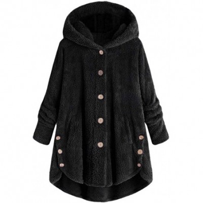 Tops Fleece Button Jacket Fluffy Hooded Coat Sherpa Shearling Sweatshirt Solid Warm Winter Oversized Outwear - Black - CD1925...