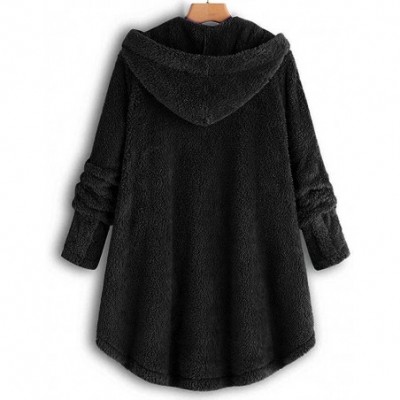 Tops Fleece Button Jacket Fluffy Hooded Coat Sherpa Shearling Sweatshirt Solid Warm Winter Oversized Outwear - Black - CD1925...