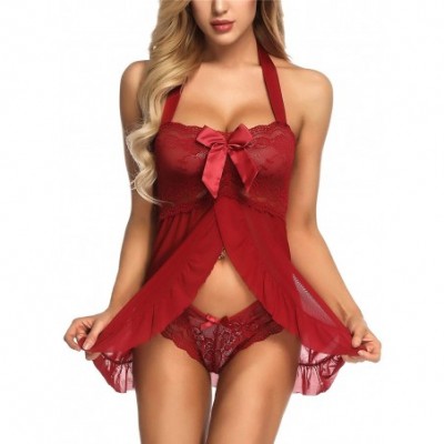 Baby Dolls & Chemises Women Nightwear Lace Babydoll Strap Bow Chemise Halter - Dark Red - CX18HR5SY4O