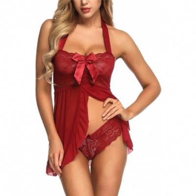 Baby Dolls & Chemises Women Nightwear Lace Babydoll Strap Bow Chemise Halter - Dark Red - CX18HR5SY4O