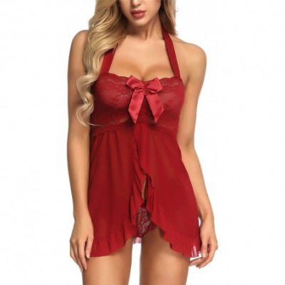 Baby Dolls & Chemises Women Nightwear Lace Babydoll Strap Bow Chemise Halter - Dark Red - CX18HR5SY4O