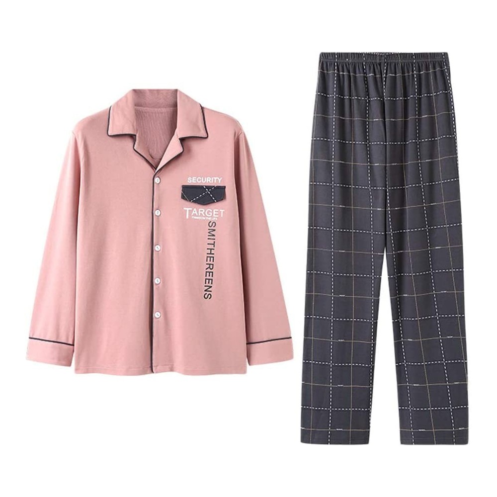 Sleep Sets Men's Pajamas Suit- Cotton Lapel Casual Drawstring Sleepwear Set with Top and Pants/Bottoms-B-XXXL - B - CF193ONL2AW