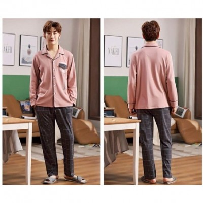 Sleep Sets Men's Pajamas Suit- Cotton Lapel Casual Drawstring Sleepwear Set with Top and Pants/Bottoms-B-XXXL - B - CF193ONL2AW