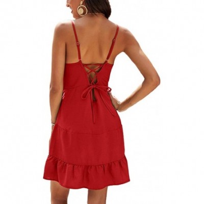 Slips Women's Full Slip Basic Adjustable Spaghetti Strap Camisole Mini Dress Ruffles V Neck Nightgown - Red - CF1908OG3GI