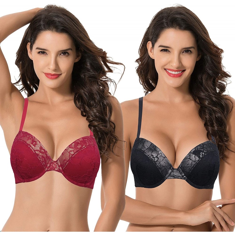 Bras Women's Plus Size Add 1 and a Half Cup Push Up Underwire Lace Bras - Black-red(2 Pack) - CS18XD8IX0O