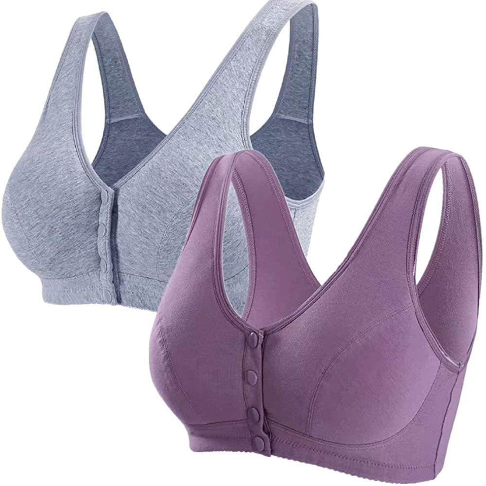 Bras Medium Elderly Women Front Button Snap Closure Bras Comfort Wireless Cotton Ultra Soft Cup - Purple & Grey - CQ18AWEOQ68