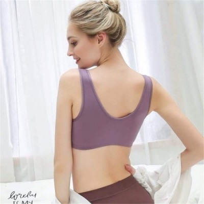 Bras Medium Elderly Women Front Button Snap Closure Bras Comfort Wireless Cotton Ultra Soft Cup - Purple & Grey - CQ18AWEOQ68