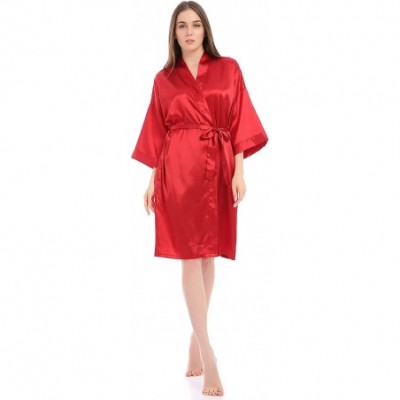 Robes Women Pure Color Short Satin Kimono Robe Silky Robe Satin Sleepwear - Red - C618A0IZXYE