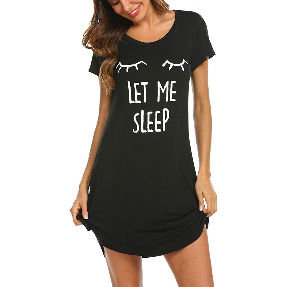 Nightgowns & Sleepshirts Nightgown for Women Sleeping Short Sleeve Sleep Dress Cute Print Night Shirts Comfy Sleepwear - Blac...