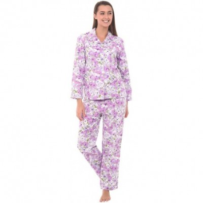 Sets Women's Lightweight Button Down Pajama Set- Long Floral Cotton Pjs - Purple Floral Flowers - C012LHHRAKN