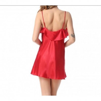 Nightgowns & Sleepshirts Ruffle Summer Charmeuse Sexy Silky Sling Solid Color Sleepwear - Red - CK199SMS5A8