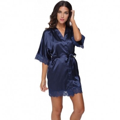 Robes Silk Kimono Robe Women Sleepwear Short Bridesmaid Bath Robes Wedding Party - Darkblue - CV12JQ6N8D1