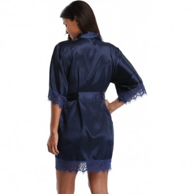 Robes Silk Kimono Robe Women Sleepwear Short Bridesmaid Bath Robes Wedding Party - Darkblue - CV12JQ6N8D1