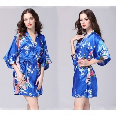 Robes Women's Printing Peacock Floral Kimono Short Robe Half Sleeve Imitated Silk Bridal Robe - Royal Blue - CU18EOO3MXA