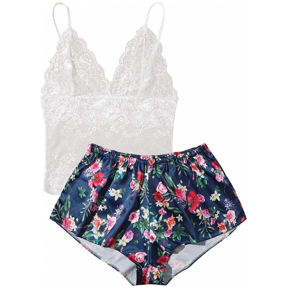 Sets Women Sexy Lingerie Set for Sex Floral Lace Sleeveless Cami Tops and Flower Print High Waist Satin Shorts - White - CU19...