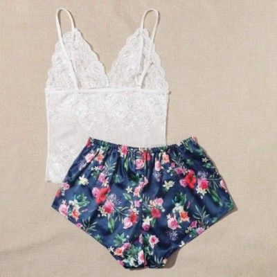 Sets Women Sexy Lingerie Set for Sex Floral Lace Sleeveless Cami Tops and Flower Print High Waist Satin Shorts - White - CU19...