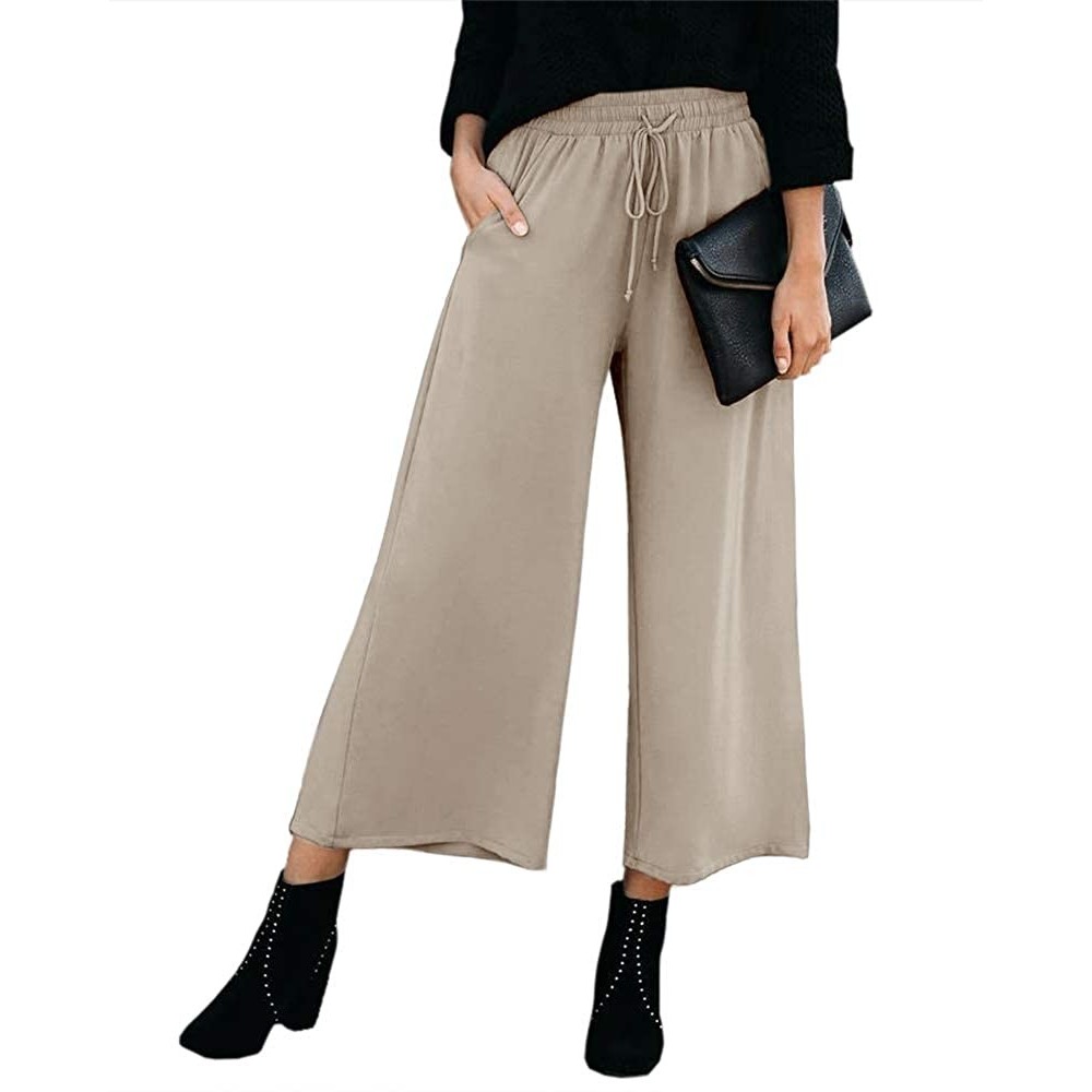 Bottoms Womens Wide Leg Capri Pants Elastic High Waisted Flowy Casual Culottes Summer Pant - Khaki - CQ190RK2TOE