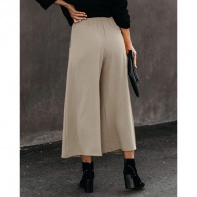 Bottoms Womens Wide Leg Capri Pants Elastic High Waisted Flowy Casual Culottes Summer Pant - Khaki - CQ190RK2TOE