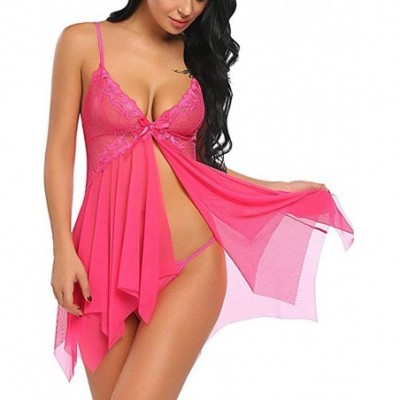 Sets Women Lace Lingerie Front Closure Babydoll V-Neck Nightwear Sexy Mesh Chemise Nightie Sleepwear - Hot Pink - CA1944OGI0Q