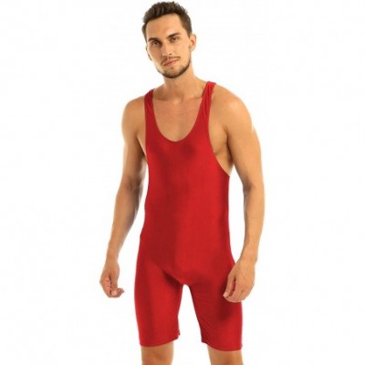 Boxer Briefs Men's Modified Jumpsuit One Piece Tank Top Leotard Wrestling Singlet Bodysuit Biketard - Red - CY18EX58AIA