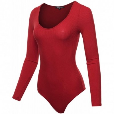 Shapewear Women's Classic Rib Long Sleeve Scoop Neck Bodysuit - Fewbsl0008 Red - CG18XKZXQ5S