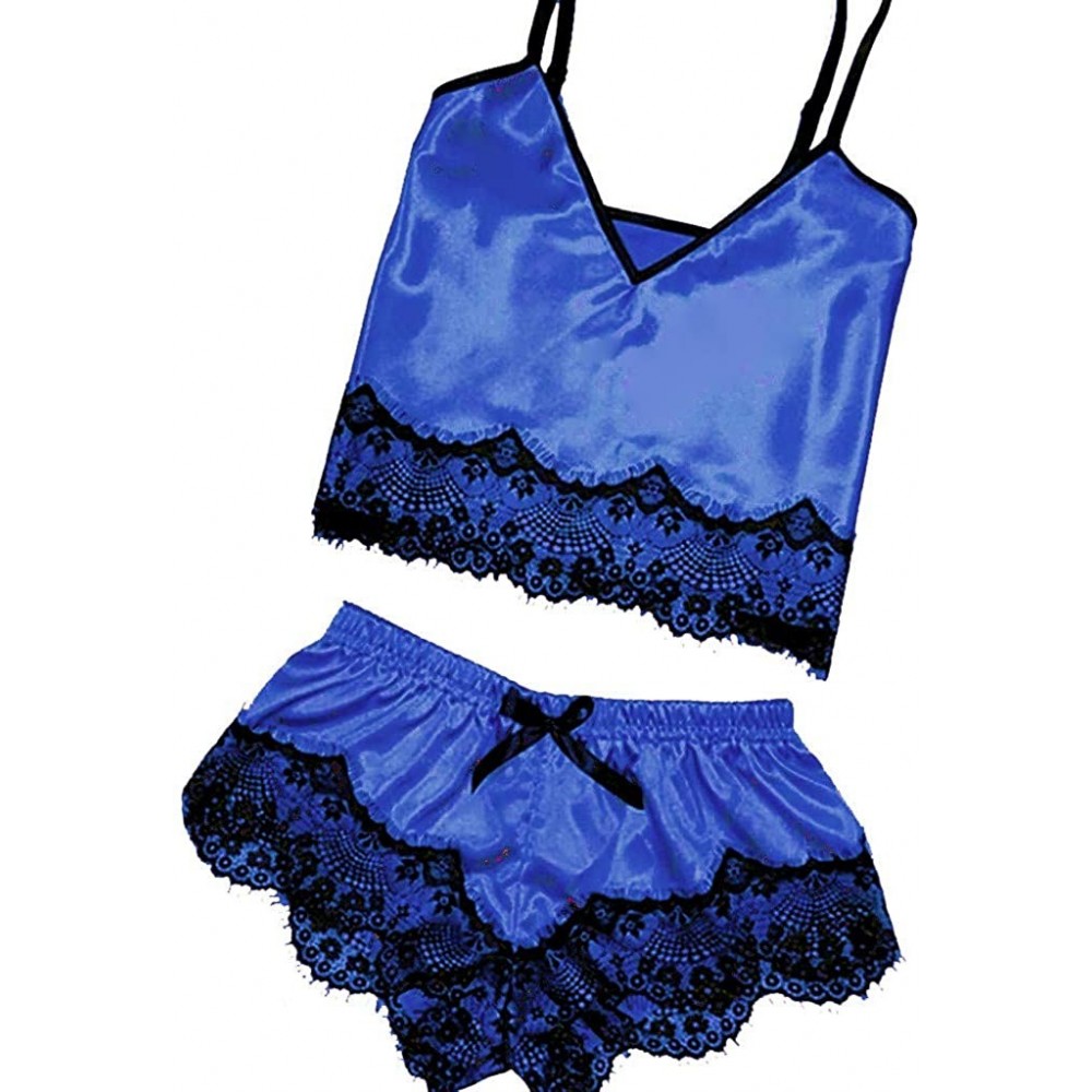 Sets Womens Lace Satin Sleepwear Cami Top and Shorts Pajama Set Sexy Lingerie Satin Pajamas Cami Shorts Set Nightwear Blue - ...