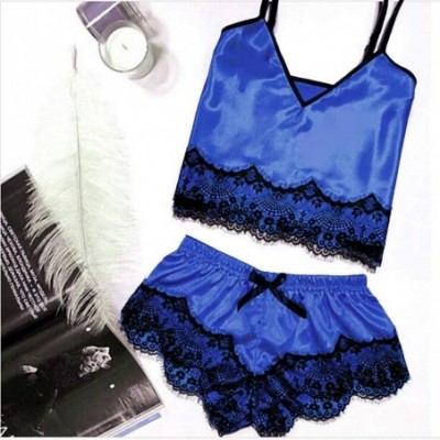 Sets Womens Lace Satin Sleepwear Cami Top and Shorts Pajama Set Sexy Lingerie Satin Pajamas Cami Shorts Set Nightwear Blue - ...