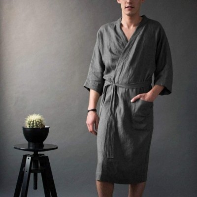 Robes Handsome Linen Bathrobe for Men - Premium Turkish Cotton Weave Lightweight Kimono Robe Casual Kaftan Sleepwear - Gray -...