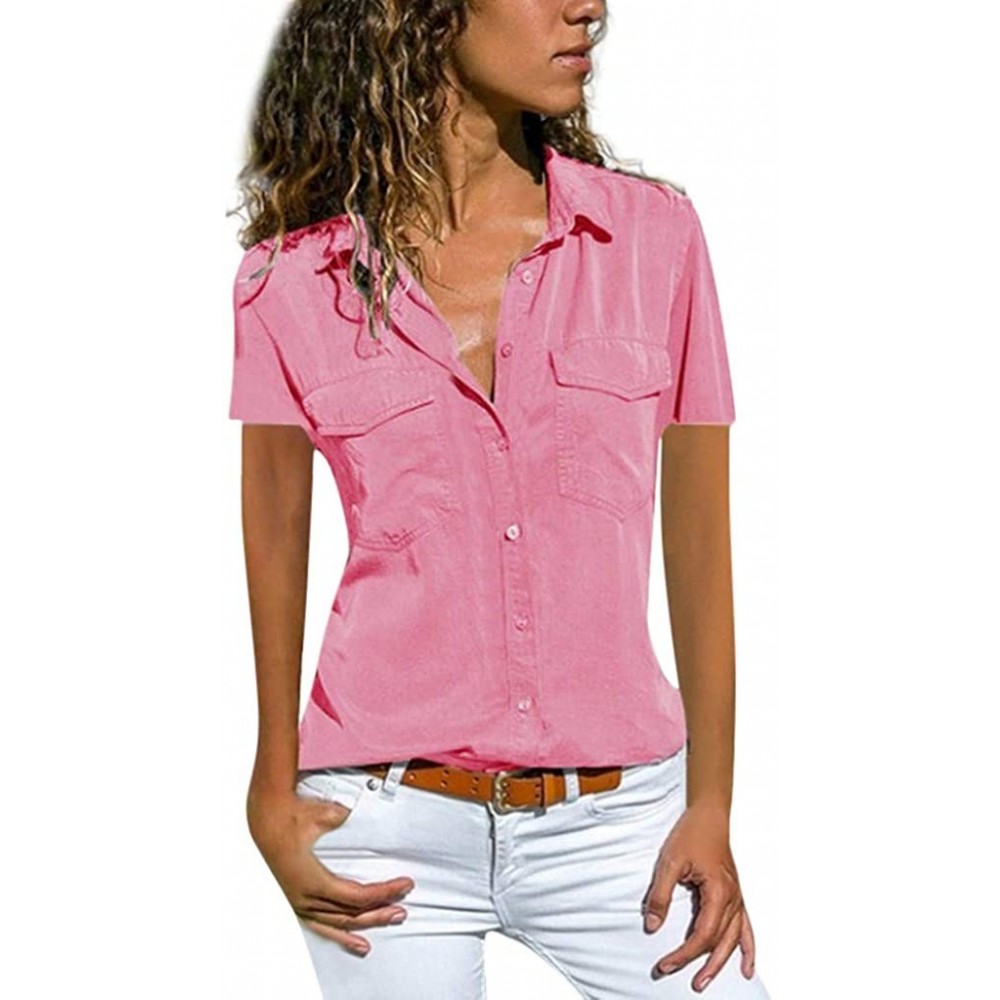 Tops T-Shirts for Women-Women's Fashion Solid Color Buttonigan Long-Sleeved Blouse Casual T-Shirt Tops - A6-pink - C3195KRW905