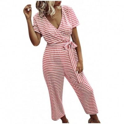 Sets Women Stitching Stripes Short Sleeve Jumpsuit Long Pajamas Set One Piece Loose Sleepwear Elastic Waist Playsuit Pink - C...