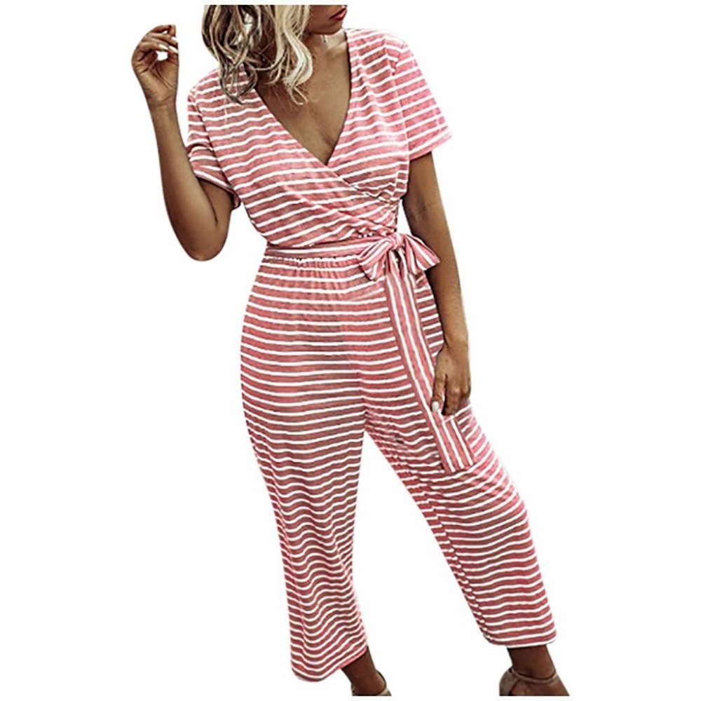 Sets Women Stitching Stripes Short Sleeve Jumpsuit Long Pajamas Set One Piece Loose Sleepwear Elastic Waist Playsuit Pink - C...