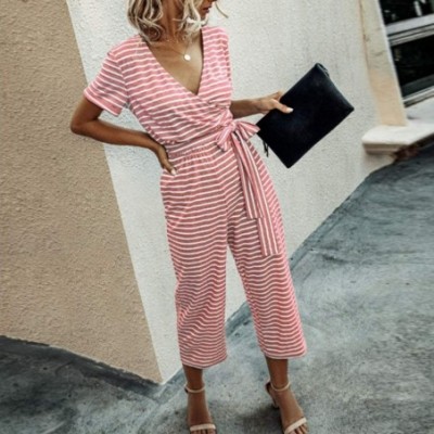 Sets Women Stitching Stripes Short Sleeve Jumpsuit Long Pajamas Set One Piece Loose Sleepwear Elastic Waist Playsuit Pink - C...