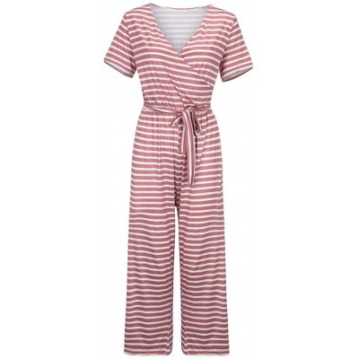 Sets Women Stitching Stripes Short Sleeve Jumpsuit Long Pajamas Set One Piece Loose Sleepwear Elastic Waist Playsuit Pink - C...