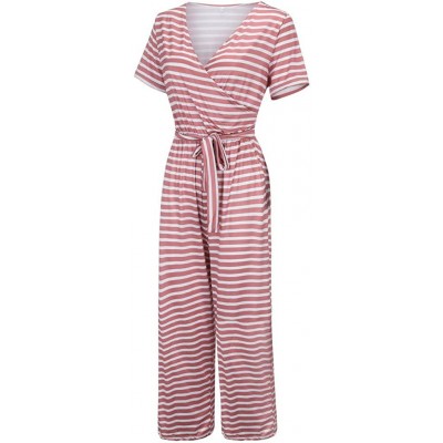 Sets Women Stitching Stripes Short Sleeve Jumpsuit Long Pajamas Set One Piece Loose Sleepwear Elastic Waist Playsuit Pink - C...