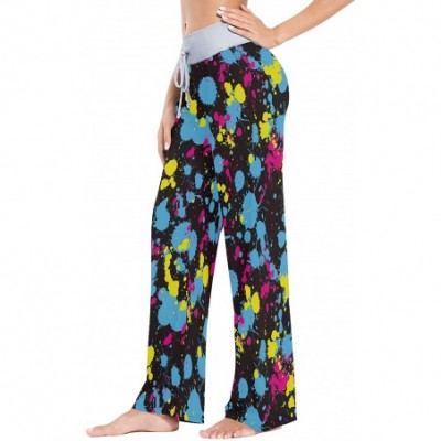 Bottoms Women's Comfy Stretch High Waist Drawstring Palazzo Wide Leg Pants - Neon Splatter - CT199DNT736