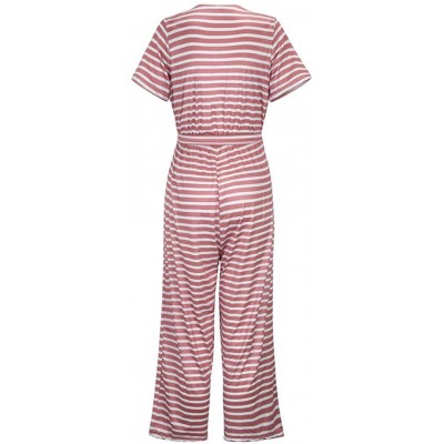 Sets Women Stitching Stripes Short Sleeve Jumpsuit Long Pajamas Set One Piece Loose Sleepwear Elastic Waist Playsuit Pink - C...